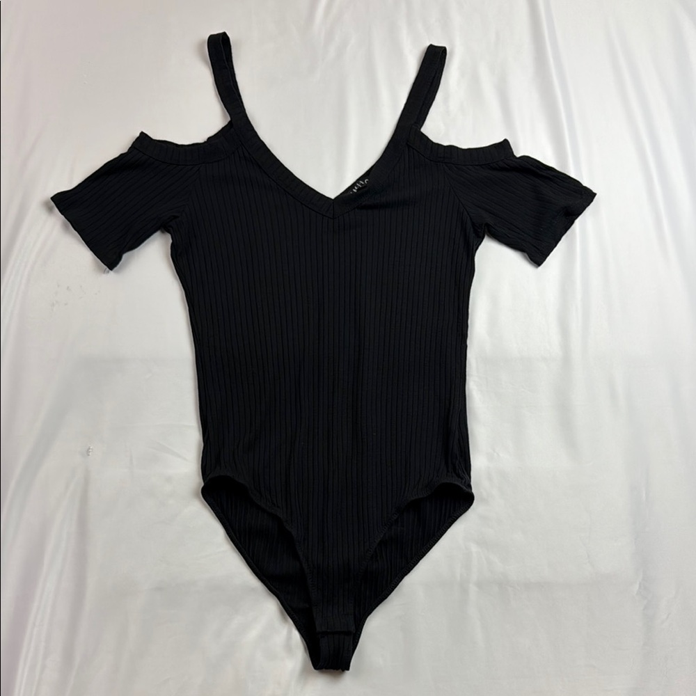 Timing Black Ribbed Cold-Shoulder V-Neck Bodysuit